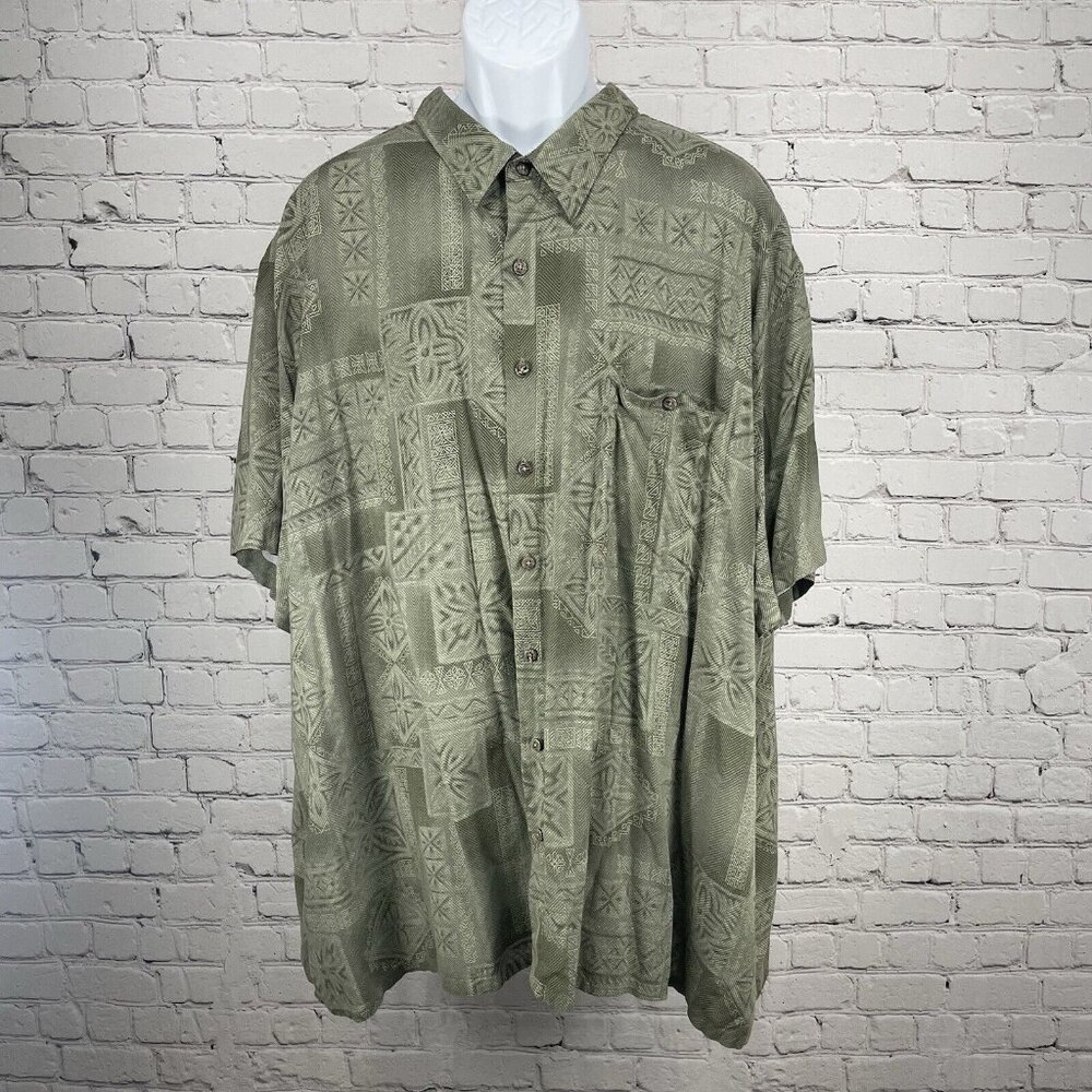 Batck Bay Green Button Up Short Sleeve Shirt Geometric Hawaiian Print Size 4XB